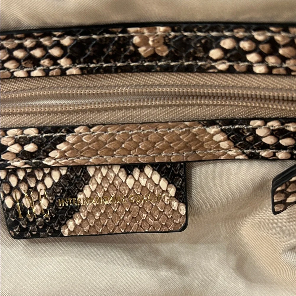 INC International Concepts Snake-Print Clutch in Brown and Black with Gold Chain